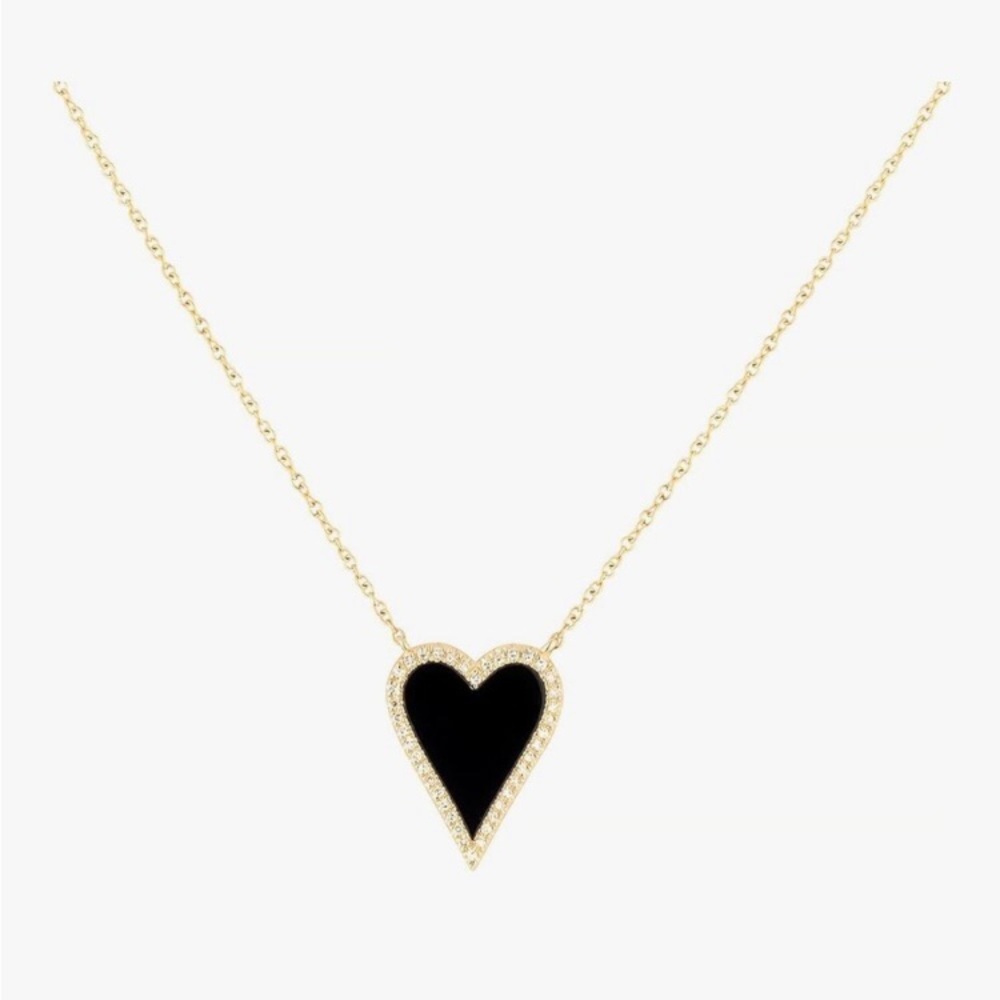 18K Gold Plated Heart Necklace Black Enamel Paperclip Chain Dainty CZ New